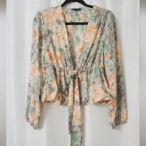 Floral Print Tie-Front Peplum Top Size M/L